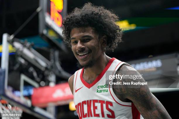 Jalen Green of the Houston Rockets reacts after scoring against the Washington Wizards during the second half at Capital One Arena on March 19, 2024...