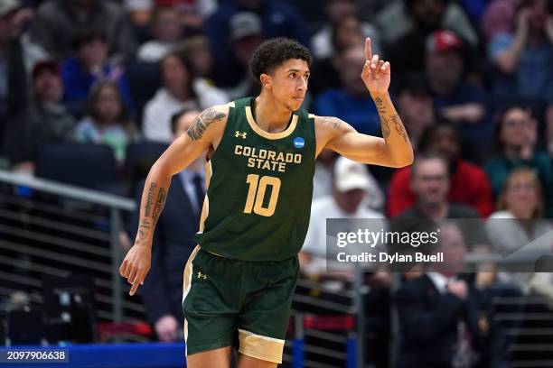 Nique Clifford of the Colorado State Rams reacts during the first half against the Virginia Cavaliers in the First Four game during the NCAA Men's...