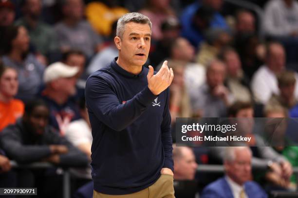 Head coach Tony Bennett of the Virginia Cavaliers reacts during the first half against the Colorado State Rams in the First Four game during the NCAA...
