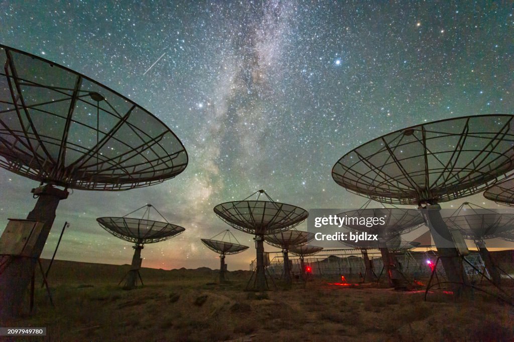 Satellite antenna array under the Milky Way sky