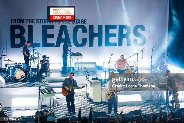 Mike Riddleberger, Zem Audu, Mikey Freedom Hart, Jack Antonoff, Sean Hutchinson and Evan Smith of Bleachers perform at O2 Forum Kentish Town on March...