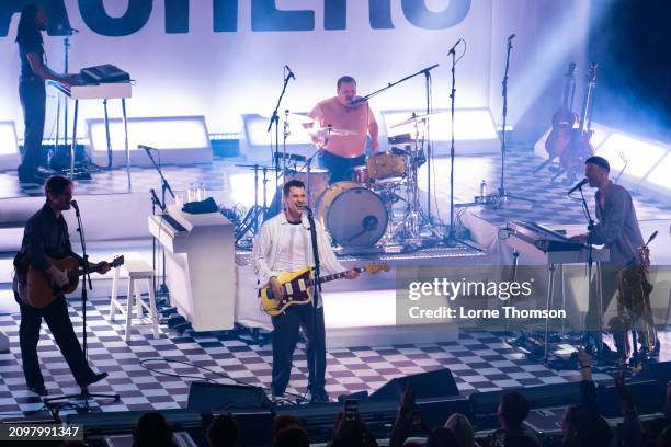 Zem Audu, Mikey Freedom Hart, Jack Antonoff, Sean Hutchinson and Evan Smith of Bleachers perform at O2 Forum Kentish Town on March 19, 2024 in...