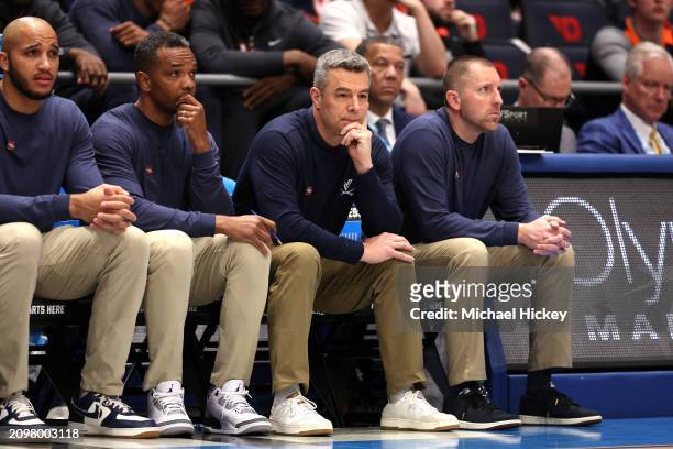Head coach Tony Bennett of the Virginia Cavaliers looks on during the second half against the Colorado State Rams in the First Four game during the...