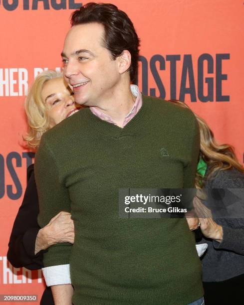 Jessica Lange, Jim Parsons, and Celia Keenan-Bolger joke around at a photo call for the new Second Stage play by Paula Vogel "Mothers Play" at Gibney...