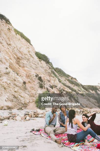 happy young friends sitting on picnic blanket at beach - malibu nature stock pictures, royalty-free photos & images
