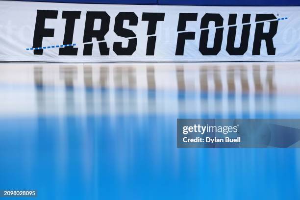 View of the First Four logo during the second half between the Colorado State Rams and Virginia Cavaliers in the First Four game during the NCAA...