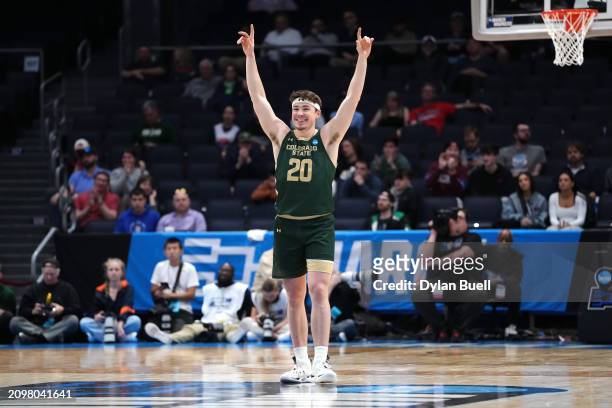 Joe Palmer of the Colorado State Rams celebrates during the second half against the Virginia Cavaliers in the First Four game during the NCAA Men's...