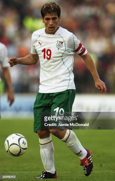 Stilian Petrov of Bulgaria runs with the ball during the UEFA European Championships 2004 Group 8 Qualifying match between Bulgaria and Belgium held...