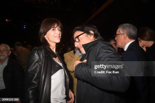 Charlotte Gainsbourg and Yvan Attal attend the "La Solitude d'Israel" : Bernard Henri Levy's Debate Evening at Salle Pleyel on March 19, 2024 in...