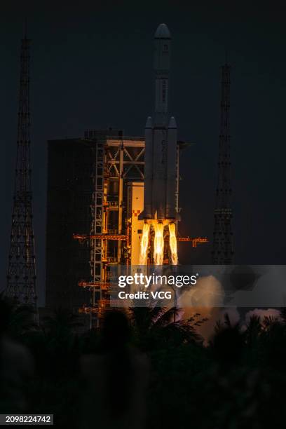 The Long March-8 Y3 carrier rocket carrying the relay satellite Queqiao-2 blasts off from the Wenchang Spacecraft Launch Site on March 20, 2024 in...