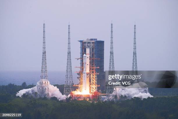 The Long March-8 Y3 carrier rocket carrying the relay satellite Queqiao-2 blasts off from the Wenchang Spacecraft Launch Site on March 20, 2024 in...
