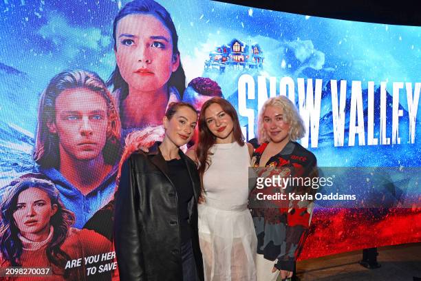 Karina Fontes, Paige Elkington and Ruby Caster attend "Snow Valley" film premiere on March 19, 2024 in Los Angeles, California.