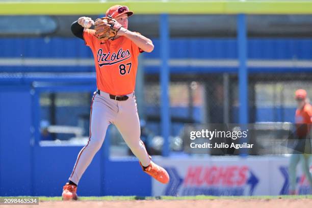 Jackson Holliday of the Baltimore Orioles throws the ball to first base in the third inning against the Toronto Blue Jays during a 2024 Grapefruit...