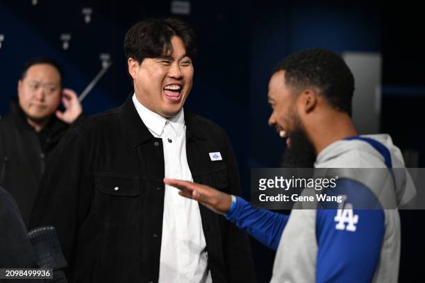 Hyun-jin Ryu is seen in the Los Angeles Dodgers dugout prior to the 2024 Seoul Series game between Los Angeles Dodgers and San Diego Padres at...