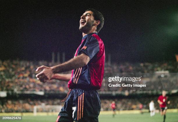 Josep Pep Guardiola of Spain celebrates a goal during a 1998 FIFA World Cup Qualifier match against Yugoslavia on December 14th, 1996 in Valencia,...