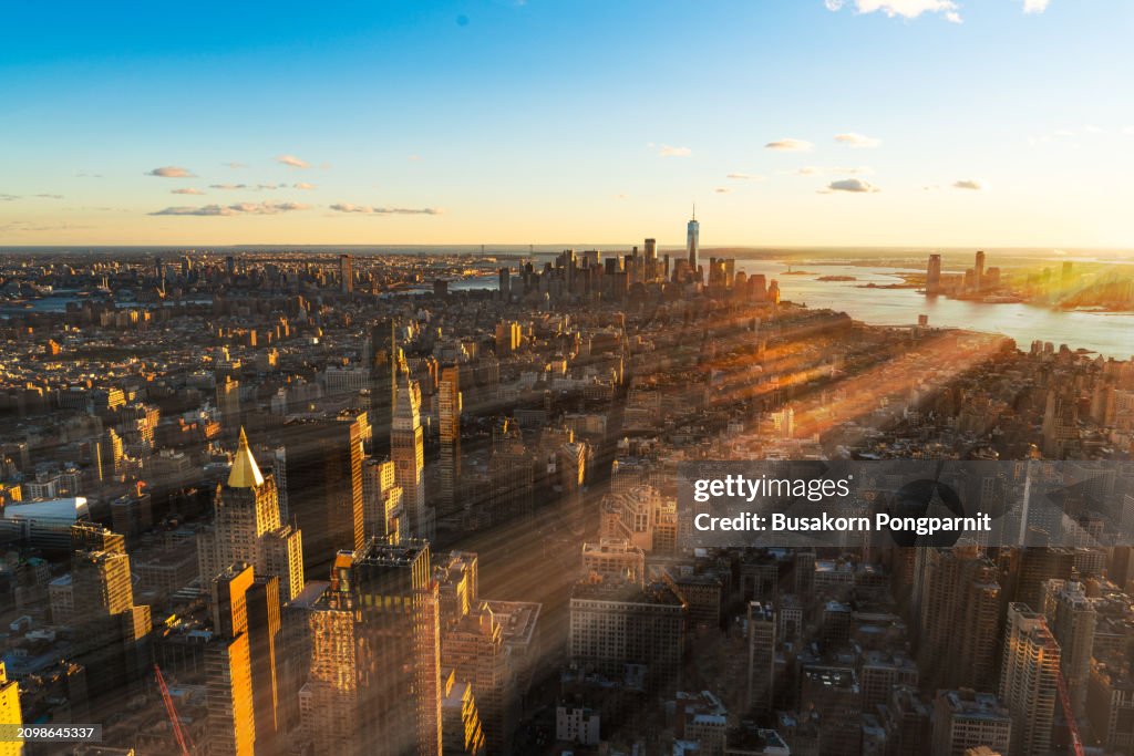Aerial of Manhattan, NYC at sunset