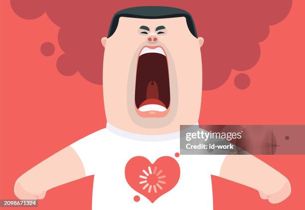 man screaming with loading sign in heart on white t-shirt - angry man stock illustrations