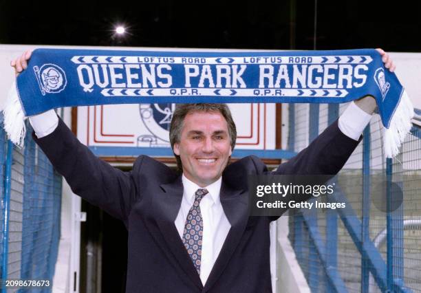 New Queens Park Rangers manager Gerry Francis is pictured smiling with a QPR Scarf at his unveiling at Loftus Road on May 28th, 1991 in London,...