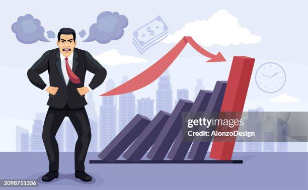 an irritated businessman facing failure. domino effect. - aggressive teeth man stock illustrations