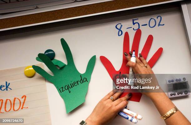 Close-up of the hands of an unidentified first grade teacher as she prepares a lesson for her ESL class at Myrtle S Finney Elementary School, Chula...