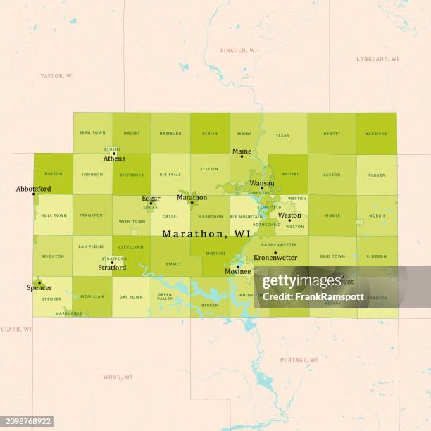 wi marathon county vector map green - marathon and usa stock illustrations