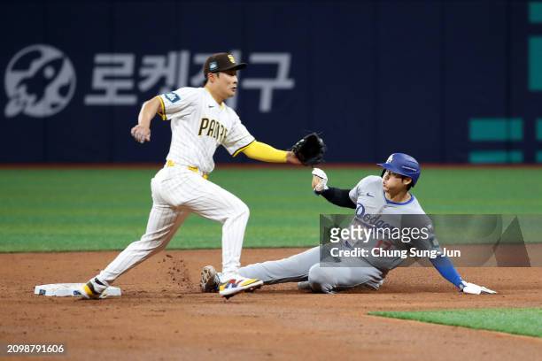 Shohei Ohtani of the Los Angeles Dodgers steals the second base in the 3rd inning during the 2024 Seoul Series game between Los Angeles Dodgers and...