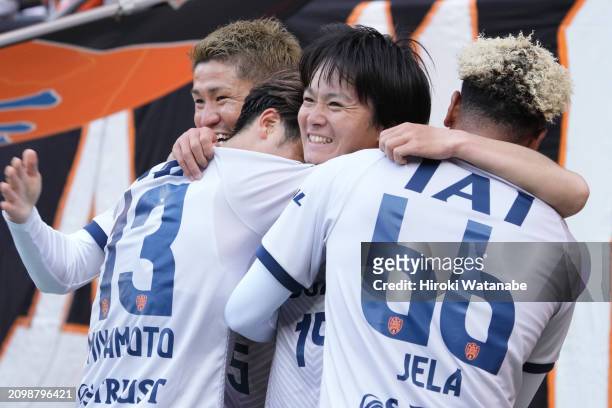 Kai Matsuzaki of Shimizu S-Pulse celebrates scoring his team's third goal during the J.LEAGUE MEIJI YASUDA J2 5th Sec. Match between JEF United Chiba...