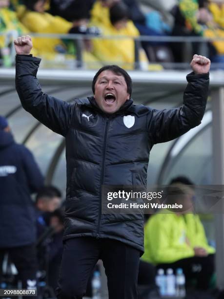 Tadahiro Akiba,coach of Shimizu S-Pulse looks on after the J.LEAGUE MEIJI YASUDA J2 5th Sec. Match between JEF United Chiba and Shimizu S-Pulse at...
