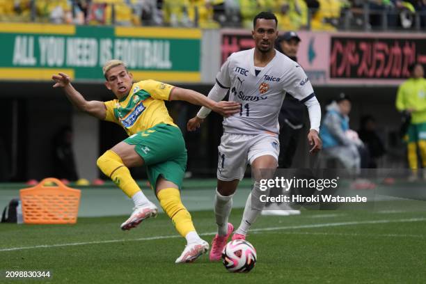 Lucas Braga of Shimizu S-Pulse and Dudu of JEF United Chiba compete for the ball during the J.LEAGUE MEIJI YASUDA J2 5th Sec. Match between JEF...