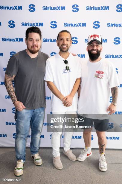 Mack in Miami, Vinny Vibe and Sak Noel visit SiriusXM on March 19, 2024 in Miami Beach, Florida.