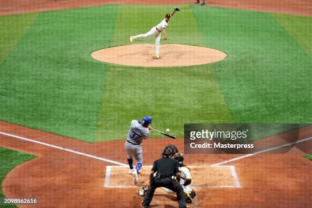 Yu Darvish of the San Diego Padres throws to Teoscar Hernandez of the San Diego Padres in the 2nd inning during the 2024 Seoul Series game between...