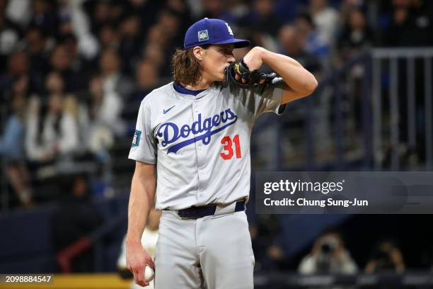 Tyler Glasnow of the Los Angeles Dodgers is seen in the 2nd inning during the 2024 Seoul Series game between Los Angeles Dodgers and San Diego Padres...