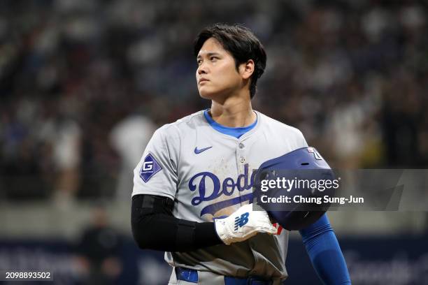 Shohei Ohtani of the Los Angeles Dodgers reacts after the 3rd inning during the 2024 Seoul Series game between Los Angeles Dodgers and San Diego...