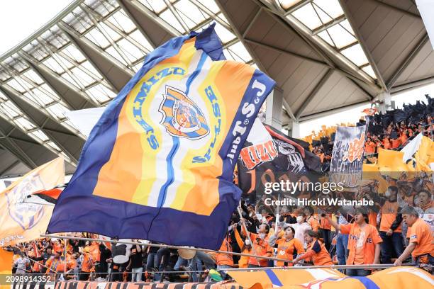 Fans of Shimizu S-Pulse cheer prior to the J.LEAGUE MEIJI YASUDA J2 5th Sec. Match between JEF United Chiba and Shimizu S-Pulse at Fukuda Denshi...