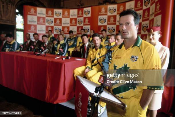 Australia captain Steve Waugh speaks during a press conference prior to the start of the 1999 ICC Cricket World Cup at Cardiff on May 5th, 1999 in...