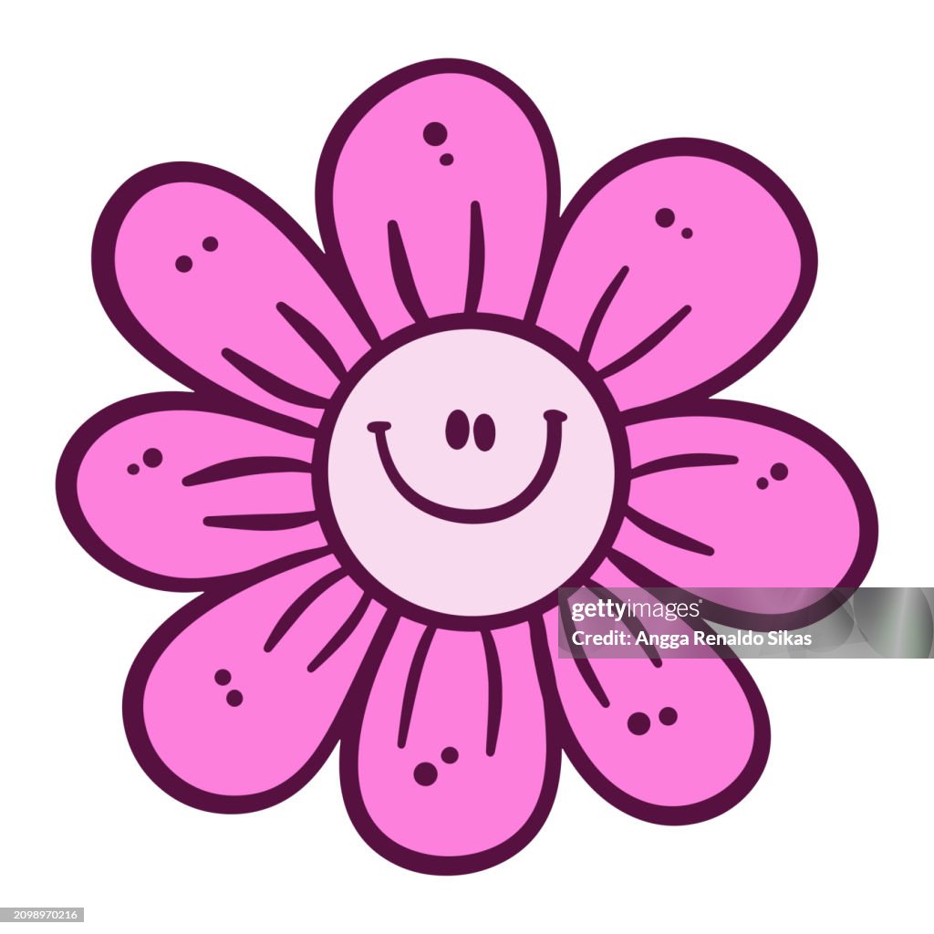 Funny pink daisy flower cartoon isolated on white