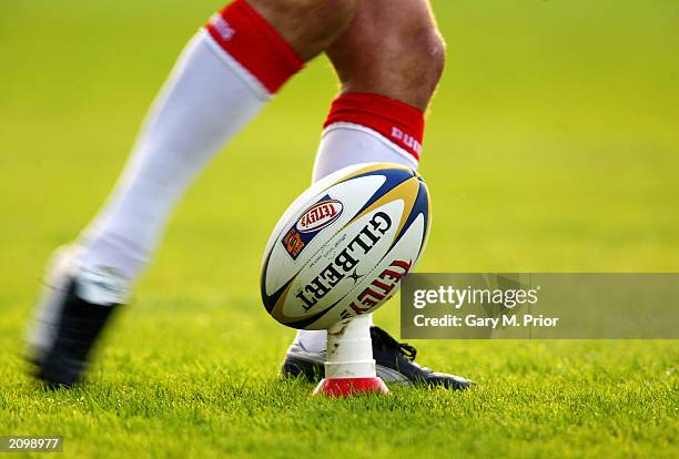 General view of a Rugby League ball on a kicking tee during the Tetleys Super League match between St Helens and Wigan Warriors held on June 6, 2003...