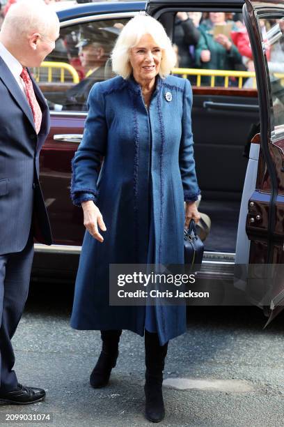 Queen Camilla arrives at Douglas Borough Council on March 20, 2024 in Douglas, Isle of Man. The Queen will deliver a speech on behalf of His Majesty...