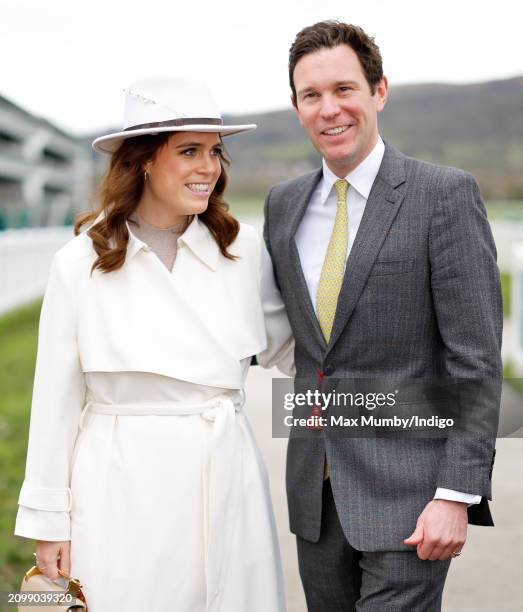 Princess Eugenie and Jack Brooksbank attend day 2 'Style Wednesday' of the Cheltenham Festival at Cheltenham Racecourse on March 13, 2024 in...