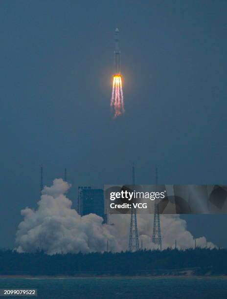 The Long March-8 Y3 carrier rocket carrying the relay satellite Queqiao-2 blasts off from the Wenchang Spacecraft Launch Site on March 20, 2024 in...