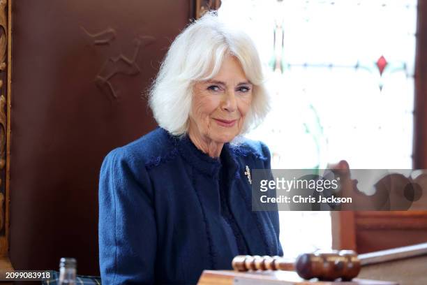 Queen Camilla delivers a speech on behalf of His Majesty The King at Douglas Borough Council on March 20, 2024 in Douglas, Isle of Man. The Queen...