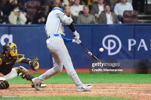 Shohei Ohtani of the Los Angeles Dodgers hits a RBI single in the 8th inning during the 2024 Seoul Series game between Los Angeles Dodgers and San...