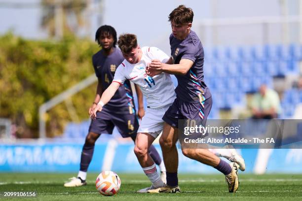 Tyler Dibling of U18 England duels for the ball with Petr Zika of U18 Czechia during the International Friendly U18 England v U18 Czechia - at...