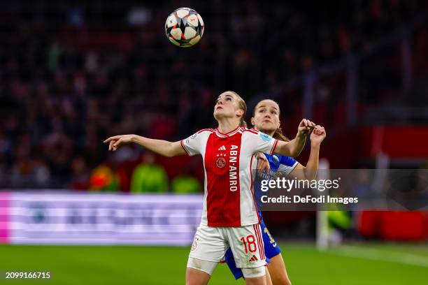Milicia Keijzer of AFC Ajax heads the ball during the UEFA Women's Champions League 2023/24 Quarter Final Leg One match between AFC Ajax and Chelsea...