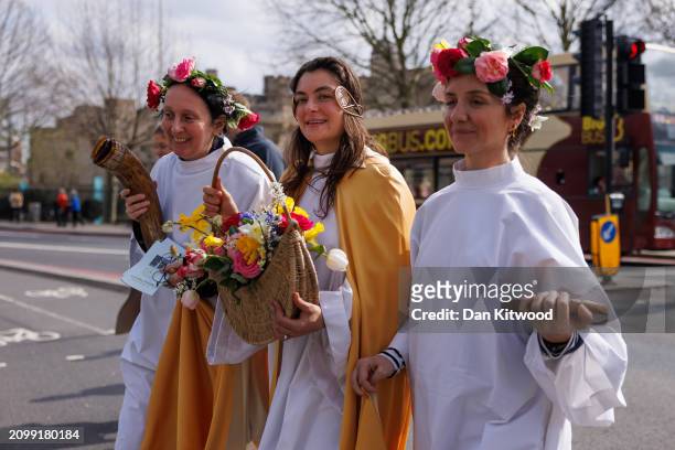 Members of the Druid Order take part in a celebration of the Spring Equinox during a ceremony at Tower Hill on March 20, 2024 in London, England....