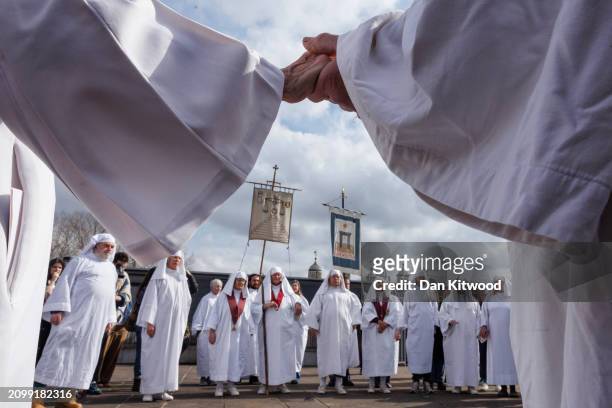 Members of the Druid Order take part in a celebration of the Spring Equinox during a ceremony at Tower Hill on March 20, 2024 in London, England....