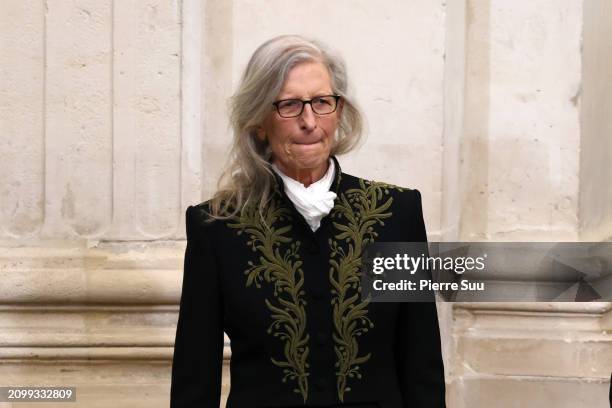 Annie Leibovitz is seen during the her intake ceremony into the Académie des Beaux-Arts on March 20, 2024 in Paris, France.The American photographer...