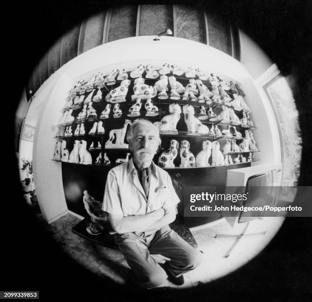 Ultra wide-angle lens view of English architect Frederick Gibberd at home near Harlow in Essex, England in 1975. Frederick Gibberd designed Liverpool...