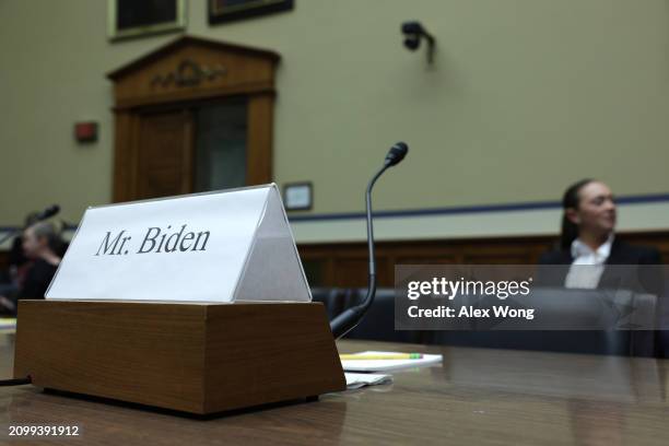 Seat that is prepared for Hunter Biden is left empty during a hearing before the House Oversight and Accountability Committee at Rayburn House Office...