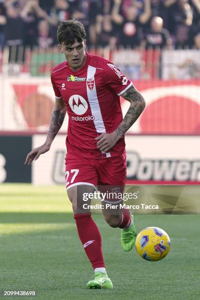 Daniel Maldini of AC Monza in action during the Serie A TIM match between AC Monza and Cagliari at U-Power Stadium on March 16, 2024 in Monza, Italy.